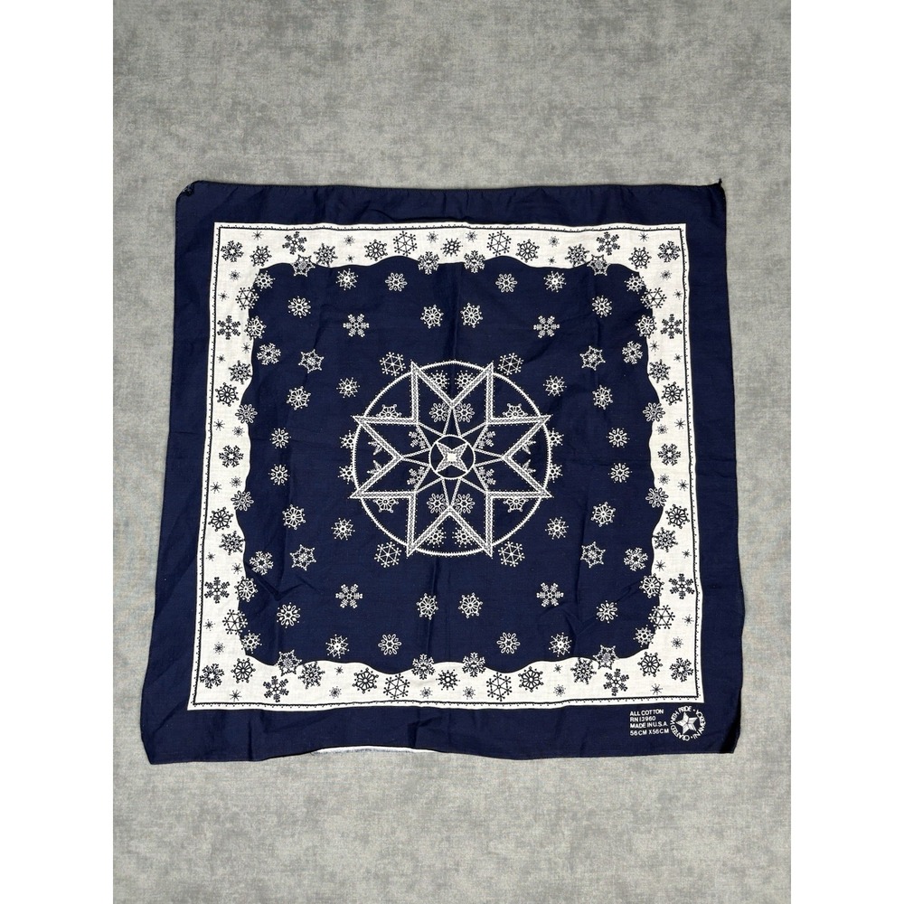 Vintage Style USA Made Navy Blue Snowflake Bandana 100% Cotton 21x21 Winter